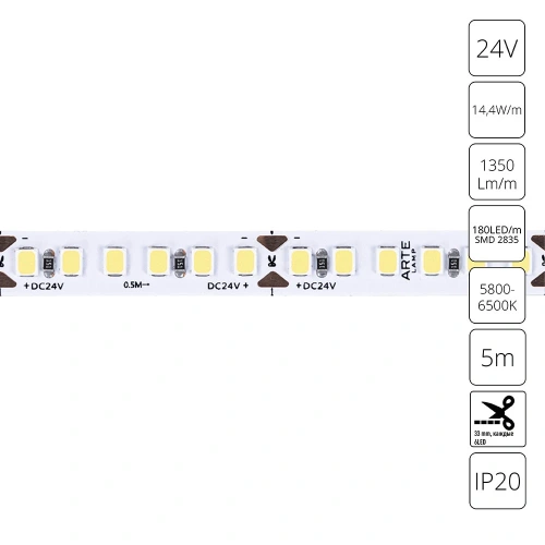 Светодиодная лента 24V 14,4W/m 6000К 5м Arte Lamp TAPE A2418008-03-6K