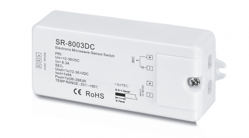 SR-8003 DC Датчик движения MicroWave. Регуллировка задержки до 10 мин и зоны до 20м. 12-36В