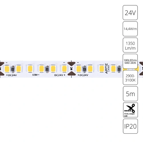 Светодиодная лента 24V 14,4W/m 3000К 5м Arte Lamp TAPE A2418008-01-3K Светодиодная лента 24V 14,4W/m 3000К 5м Arte Lamp TAPE A2418008-01-3K