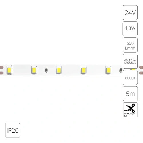 Светодиодная лента 24V 4,8W/m 6000К 5м IP20 Arte Lamp TAPE A2406008-03-6K Светодиодная лента 24V 4,8W/m 6000К 5м IP20 Arte Lamp TAPE A2406008-03-6K