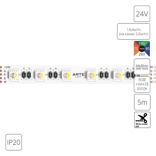Светодиодная лента 24V 14,4W/m (на канал 3,6W/m) RGB+W 3000К 5м IP20 Arte Lamp TAPE A2406012-02-RGB3K Светодиодная лента 24V 14,4W/m (на канал 3,6W/m) RGB+W 3000К 5м IP20 Arte Lamp TAPE A2406012-02-RGB3K