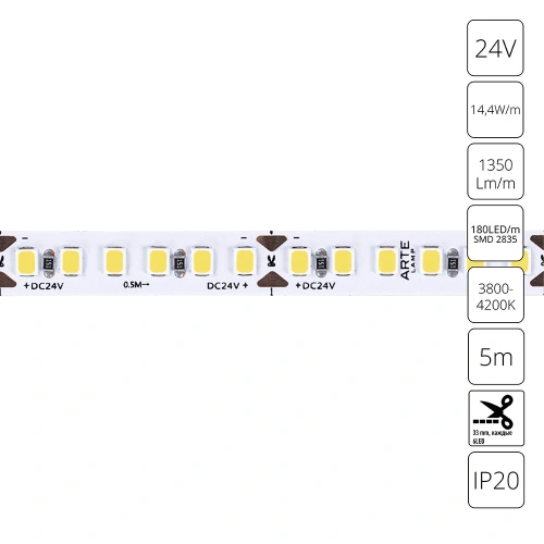 Светодиодная лента 24V 14,4W/m 4000К 5м Arte Lamp TAPE A2418008-02-4K Светодиодная лента 24V 14,4W/m 4000К 5м Arte Lamp TAPE A2418008-02-4K