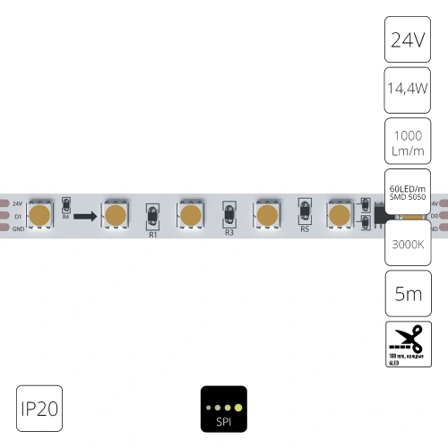 Светодиодная лента 24V 14,4W/m 3000К 5м IP20 Arte Lamp SPI A2406010-03-3K Светодиодная лента 24V 14,4W/m 3000К 5м IP20 Arte Lamp SPI A2406010-03-3K